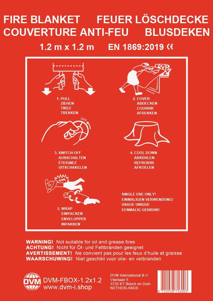 DVM-FBOX-1.2x1.2: Superior fire blanket in box, seize 1,2x1,2 m
