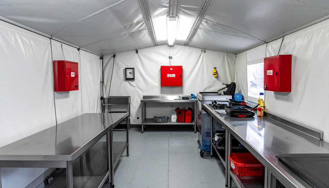 Fire blanket installed as fire safety equipment in a civil protection field kitchen