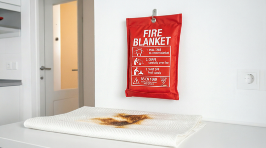 Used fiberglass fire blanket with burn marks on a kitchen countertop below a wall mounted fire blanket pouch