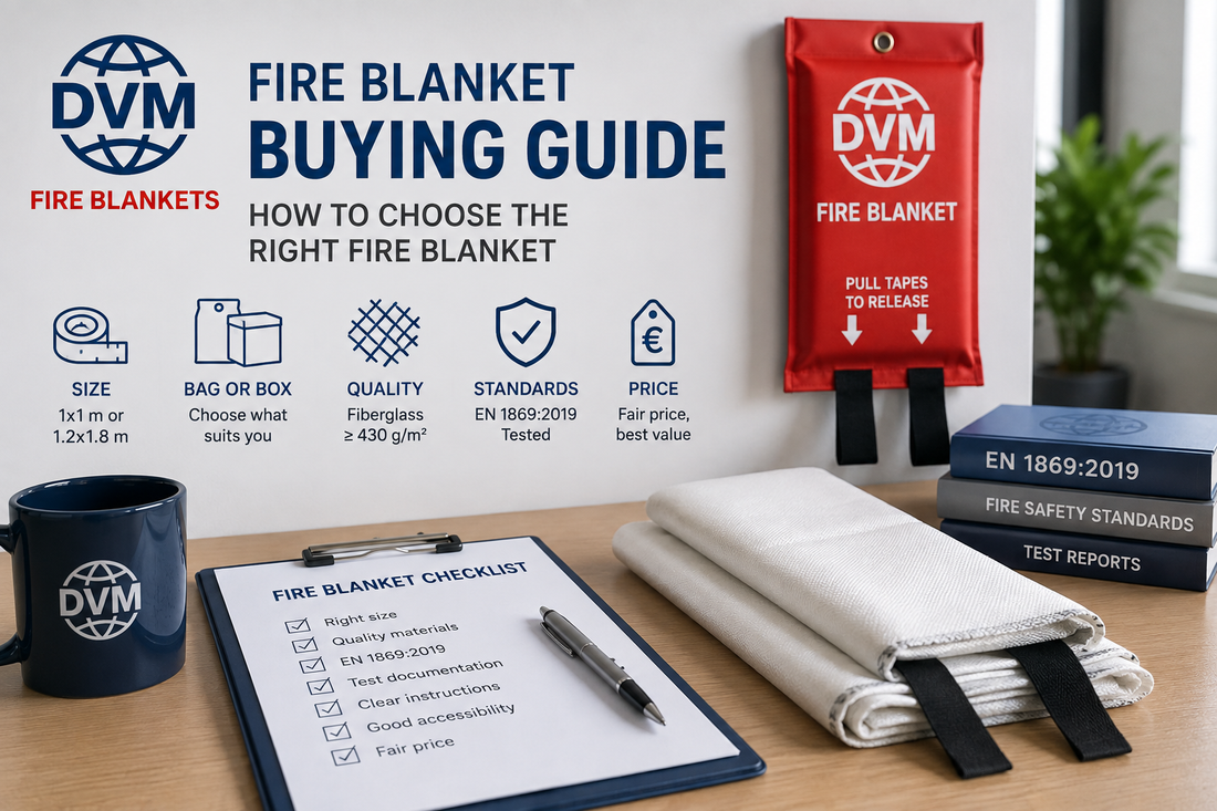 DVM Fire Blanket Buying Guide showing fire blanket sizes, bag or box, fiberglass quality, EN 1869:2019 standards and buying criteria