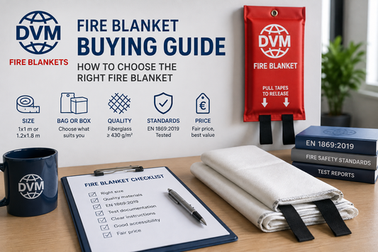 DVM Fire Blanket Buying Guide showing fire blanket sizes, bag or box, fiberglass quality, EN 1869:2019 standards and buying criteria