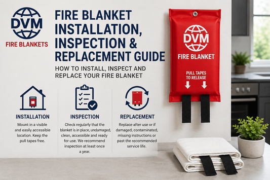 DVM fire blanket installation, inspection and replacement guide showing correct placement, annual inspection and replacement criteria