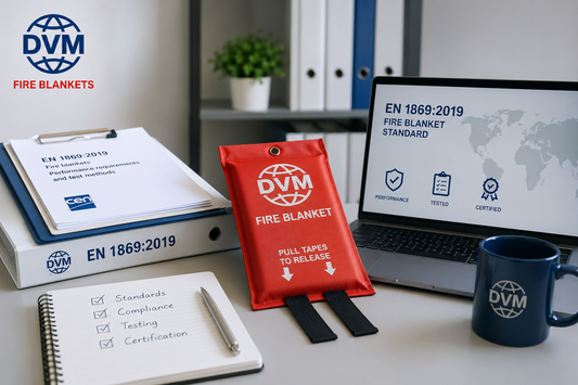 DVM fire blanket with EN 1869:2019 standards, compliance, testing and certification documentation for professional buyers worldwide