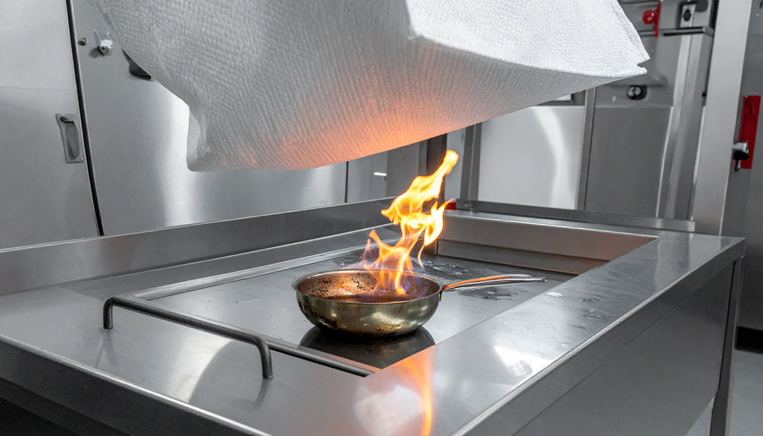 White fiberglass fire blanket being lowered over a burning oil pan in a controlled fire safety test environment