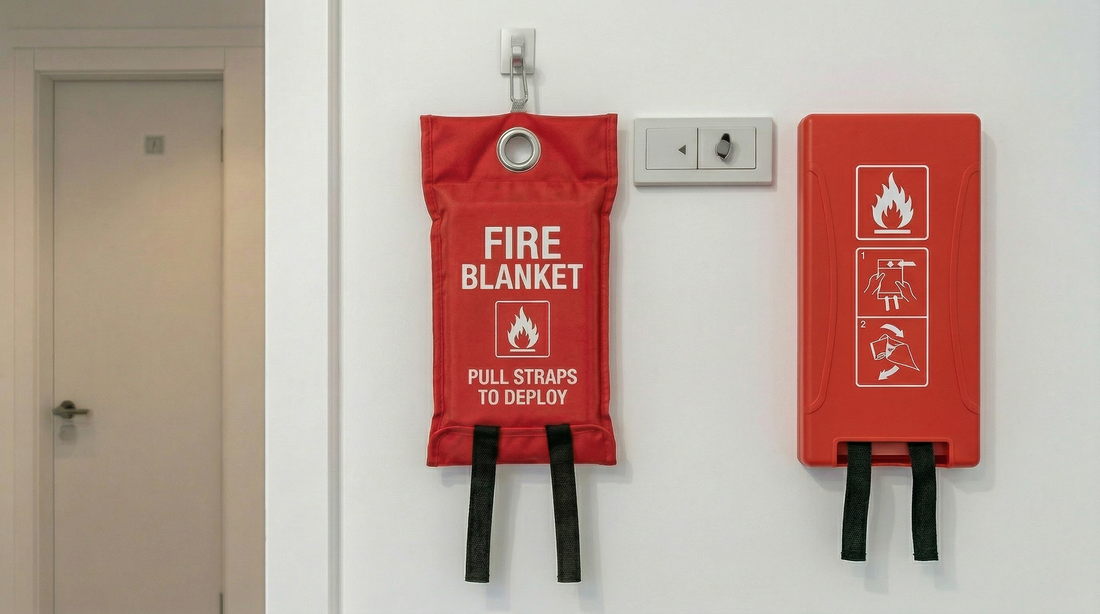 Wall-mounted fire blanket in red pouch and red plastic wall box with pull straps in a modern European kitchen safety setup