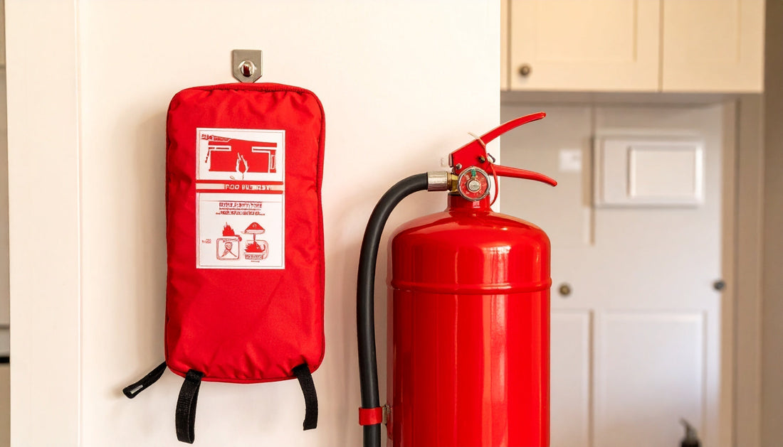 Wall mounted fire blanket pouch and compact household fire extinguisher installed in a modern kitchen for fire safety comparison