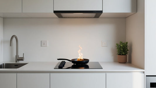 Small pan fire on a stovetop in a compact modern apartment kitchen, illustrating an early-stage kitchen fire risk in shared living spaces