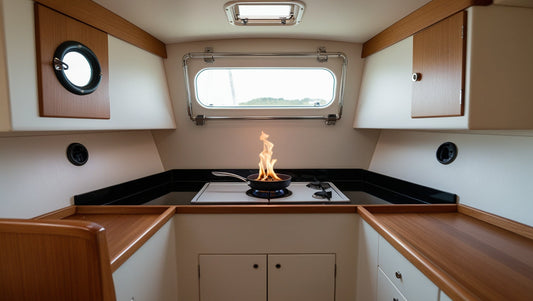Small pan fire in a compact boat galley kitchen, illustrating an early-stage fire risk in confined marine environments