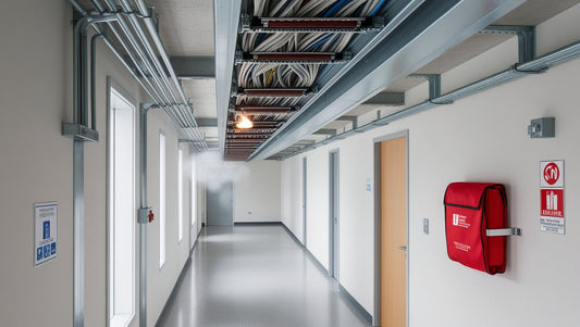Small localized electrical cable fire inside a horizontal cable tray in a technical service corridor, with a wall-mounted fire blanket box and a fire-rated door visible at the end of the hallway.