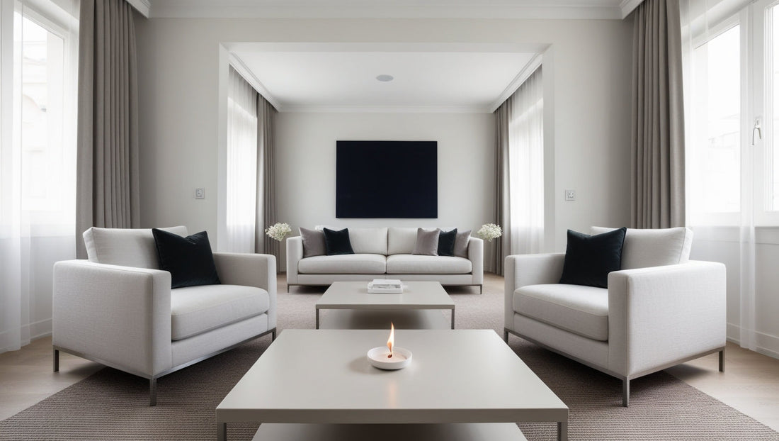 Small controlled candle flame on a coffee table in a modern European living room, illustrating an early-stage living room fire scenario suitable for fire blanket use