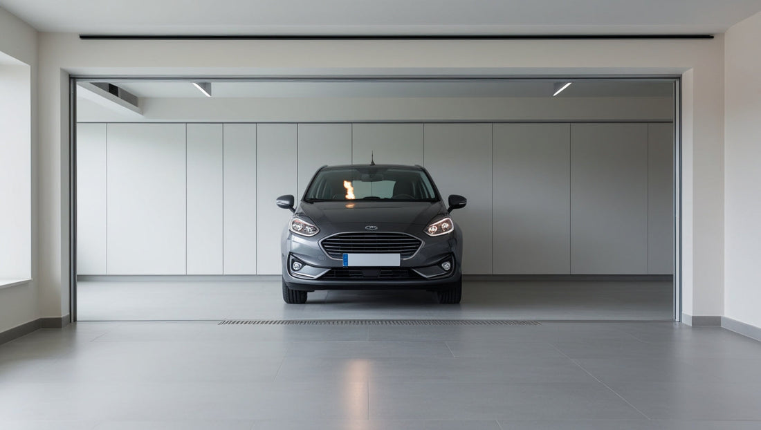 Small controlled car fire in a clean modern residential garage interior, illustrating early-stage vehicle fire risk suitable for fire blanket use