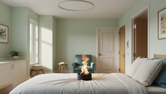 Small bedding fire starting on a bed in a calm assisted living room, illustrating an early-stage fire risk in care home environments