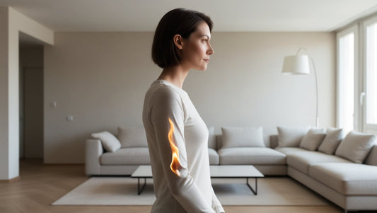 Clothing fire starting on a woman’s sleeve in a modern living room, demonstrating early-stage clothing fire risk and personal safety awareness