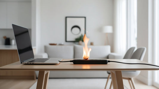 Small electrical appliance fire starting at a laptop charger and power strip on a table in a modern living room, illustrating an early-stage household electrical fire risk