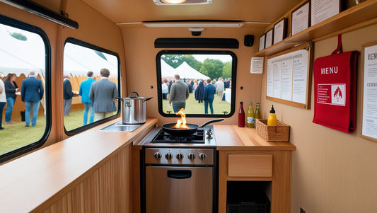 Fire blanket mounted inside a compact catering food truck at an outdoor event, with a small controlled pan fire on the burner and a visible festival crowd outside the service window