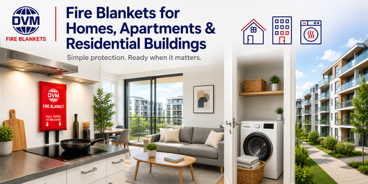 DVM fire blanket in a modern apartment with kitchen, living area, laundry room and residential buildings