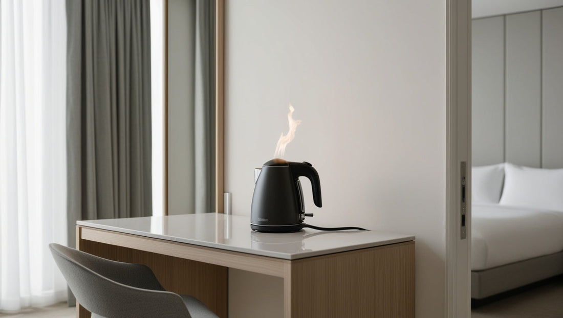 Petit incendie d'appareil électrique provenant d'une bouilloire sur un bureau dans une chambre d'hôtel moderne, illustrant un risque d'incendie à un stade précoce dans les hébergements pour invités