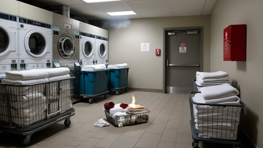 Small linen fire in a hotel laundry room with industrial washing machines and housekeeping carts, illustrating an early-stage fire scenario suitable for fire blanket use