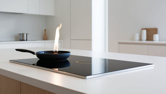 Small controlled pan fire on a modern kitchen hob in a clean European home interior, illustrating safe early-stage kitchen fire scenario suitable for fire blanket use