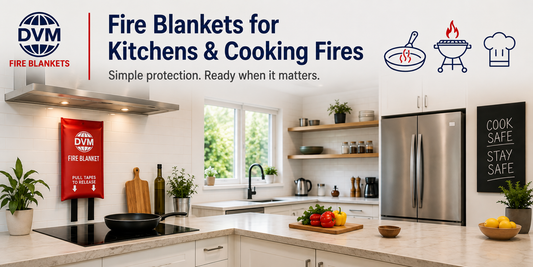 DVM fire blanket in a modern kitchen for kitchen fires, cooking oil fires, BBQ and cooking fire safety