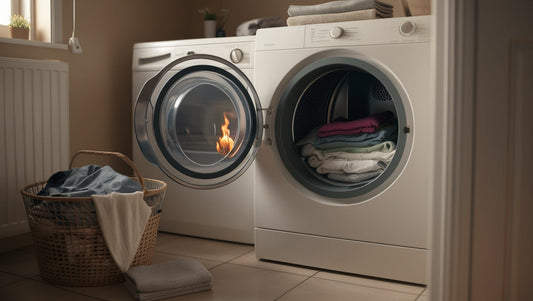 Small fire starting inside a tumble dryer filled with clothes in a domestic laundry room, illustrating an early-stage tumble dryer fire risk