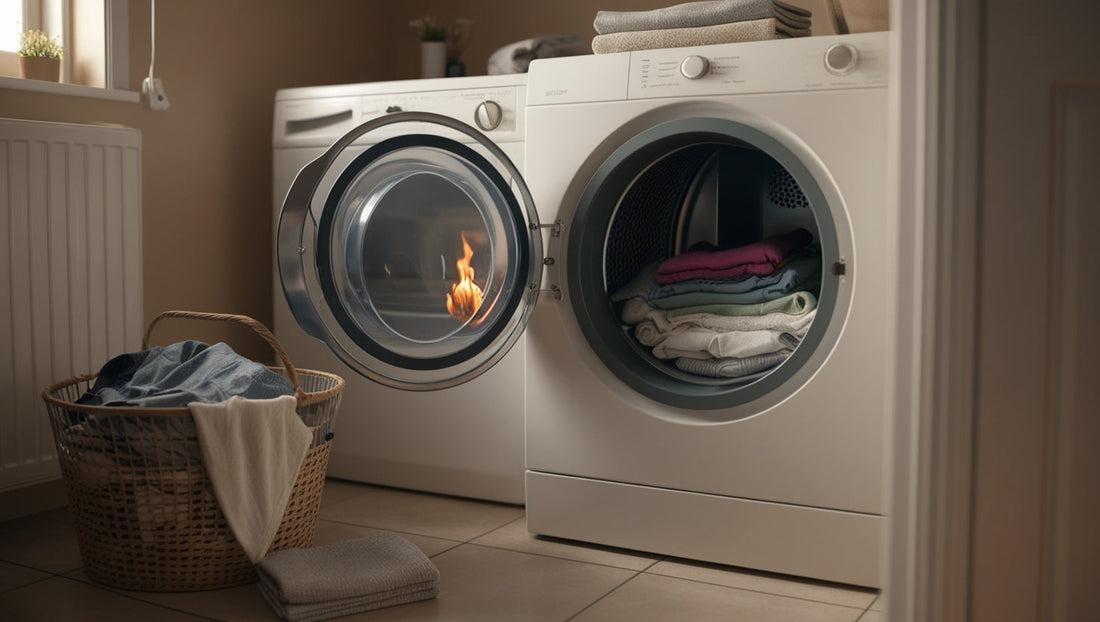 Small fire starting inside a tumble dryer filled with clothes in a domestic laundry room, illustrating an early-stage tumble dryer fire risk