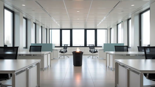 Small controlled waste bin fire centered in a modern European open-plan office, illustrating an early-stage office fire scenario suitable for fire blanket use