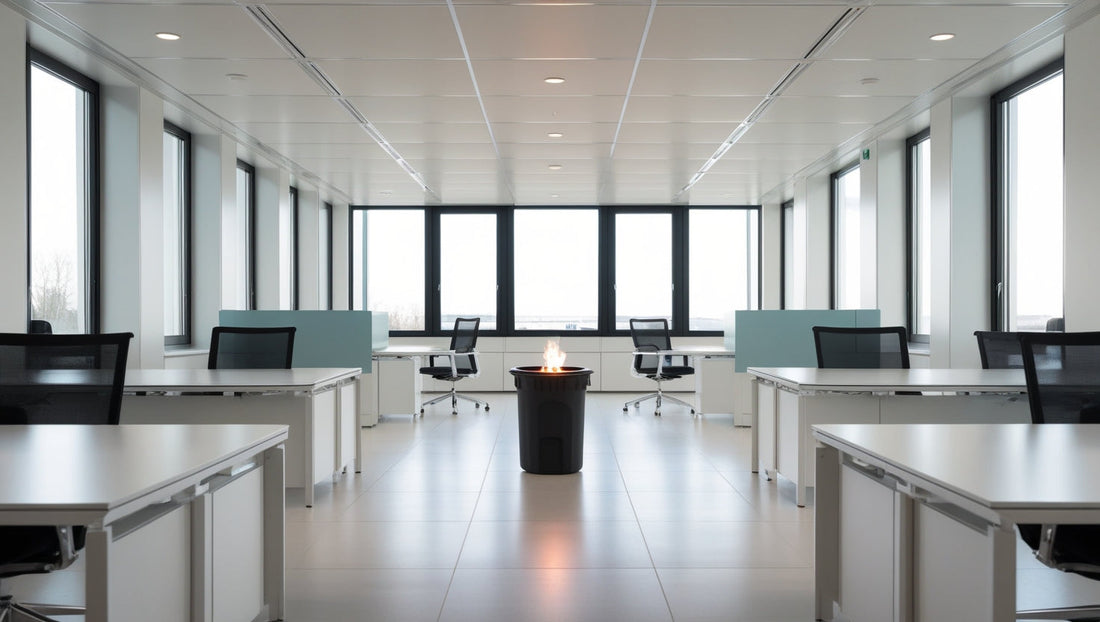 Petit incendie maîtrisé dans une poubelle, au centre d'un bureau paysager européen moderne, illustrant un scénario d'incendie de bureau à un stade précoce, adapté à l'utilisation d'une couverture anti-feu