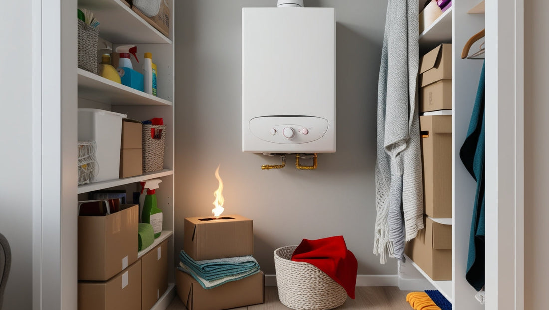 Small localized fire in a cardboard box beneath a wall-mounted gas boiler inside a cluttered apartment utility storage closet