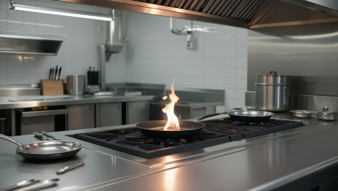 Kleine panbrand op een industriële kookplaat in een commerciële restaurantkeuken met kookgerei, wat een vroegtijdig brandrisico illustreert in professionele keukens