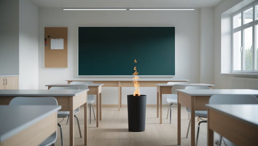 Small paper bin fire in a modern classroom, illustrating an early-stage fire risk in schools and educational facilities