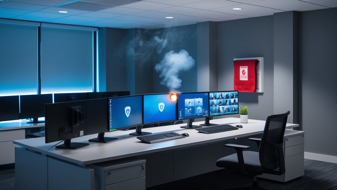 Sala de control de seguridad nocturna con múltiples monitores de vigilancia, un pequeño incendio eléctrico originado en el equipo de escritorio y una manta ignífuga fijada a la pared en las inmediaciones para la respuesta de emergencia.