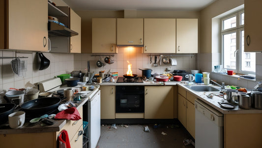 Shared student residence kitchen with cluttered countertops, used pots and pans, and a small stovetop fire in a realistic lived-in student housing environment.