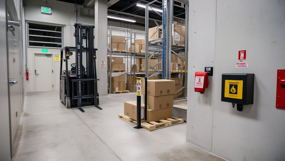 Small localized fire on cardboard packaging near pallet racks in a modern warehouse logistics area, with a visible fire blanket box mounted near the exit for early-stage fire response.