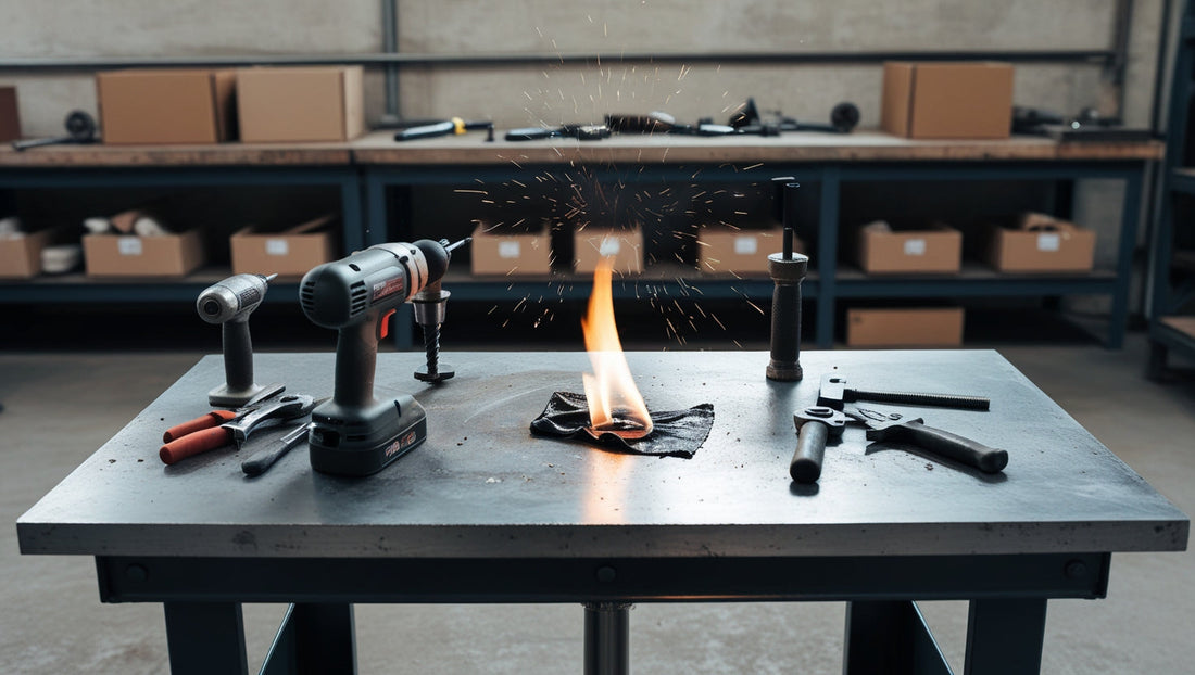 Small localized fire starting on a metal workbench in an industrial workshop, with tools and grinding equipment nearby, illustrating an early-stage workshop fire risk scenario suitable for fire blanket use.