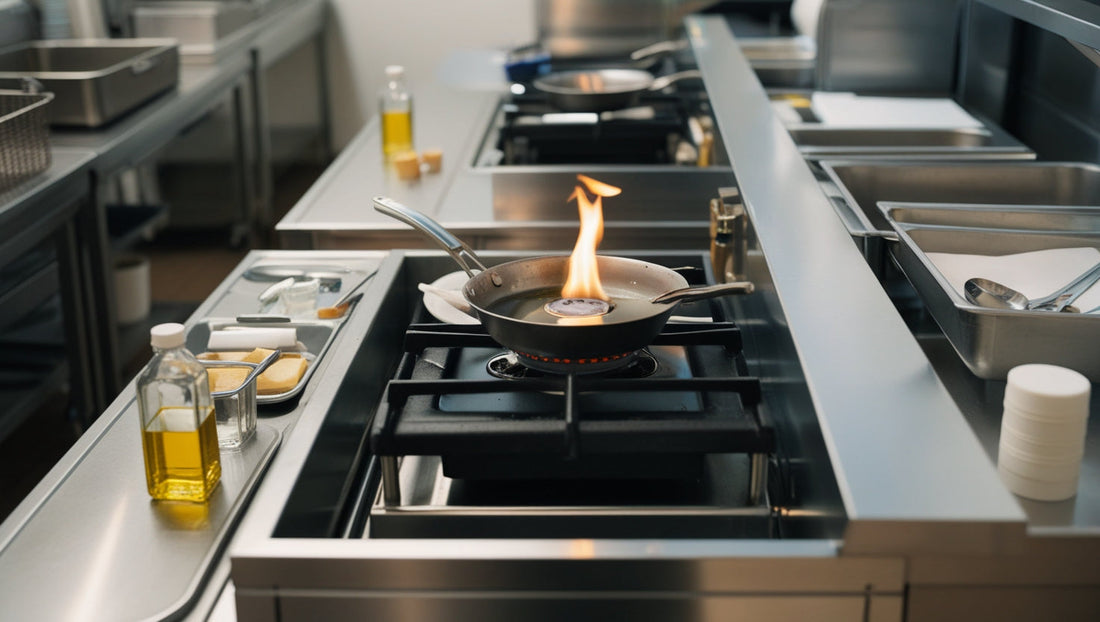 Kleine olievlam in een koekenpan op een kooklijn in een commerciële keuken, wat een vroegtijdig brandrisico illustreert in horeca- en professionele keukenomgevingen
