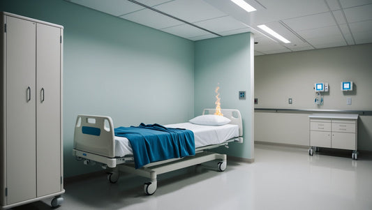 Scénario d'utilisation d'une couverture anti-feu dans une chambre de patient d'hôpital avec un petit feu de literie localisé, illustrant le risque d'incendie précoce dans les établissements de santé et de soins
