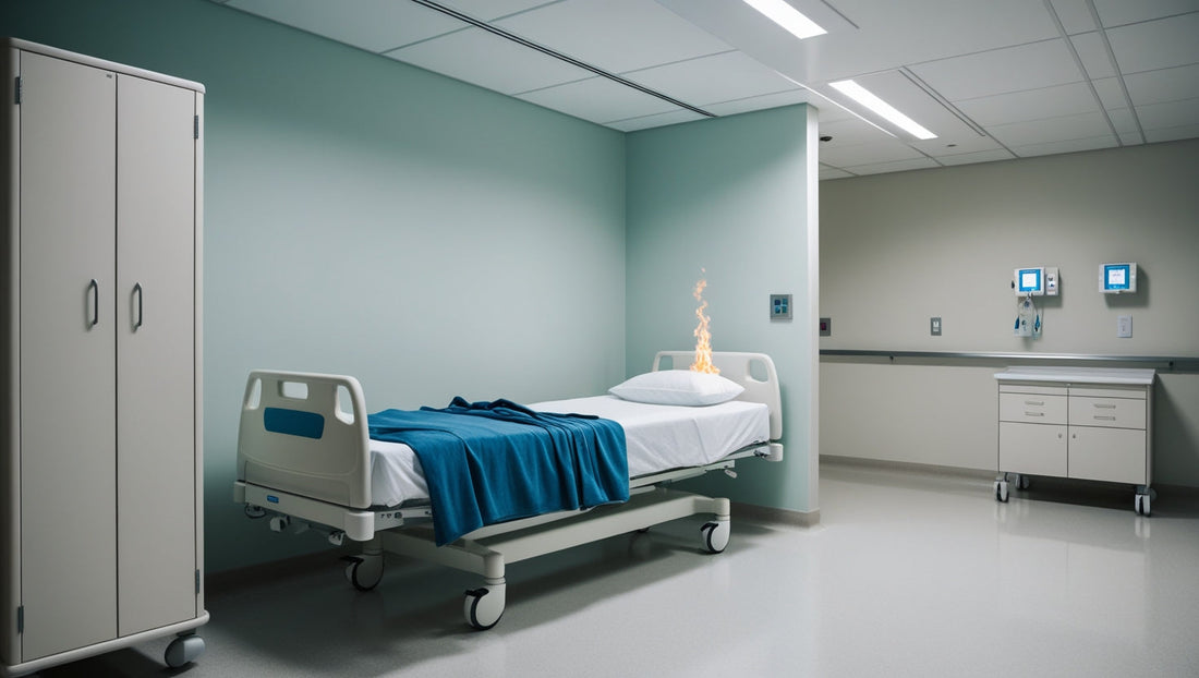 Fire blanket use scenario in a hospital patient room with a small localized bedding fire, illustrating early-stage fire risk in healthcare and care facilities