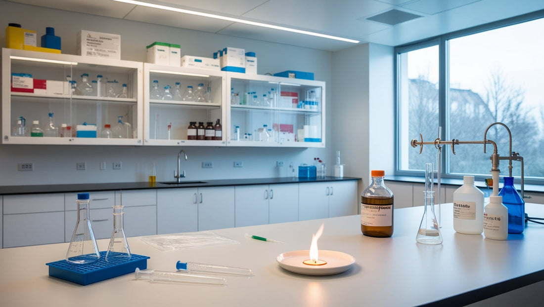 Een kleine, onder controle gehouden vlam in een laboratoriumschaal op een werkbank in het midden van een modern wetenschappelijk laboratorium, met zichtbaar glaswerk, instrumenten en een zuurkast, ter illustratie van een scenario voor een laboratoriumbrand in een vroeg stadium, geschikt voor Blusdeken .