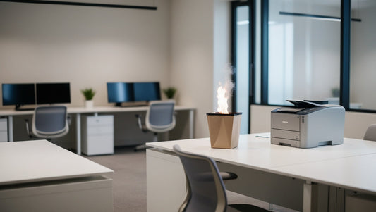 Small paper bin fire next to an office printer in a modern workplace, realistic early-stage office fire scenario suitable for fire blanket response