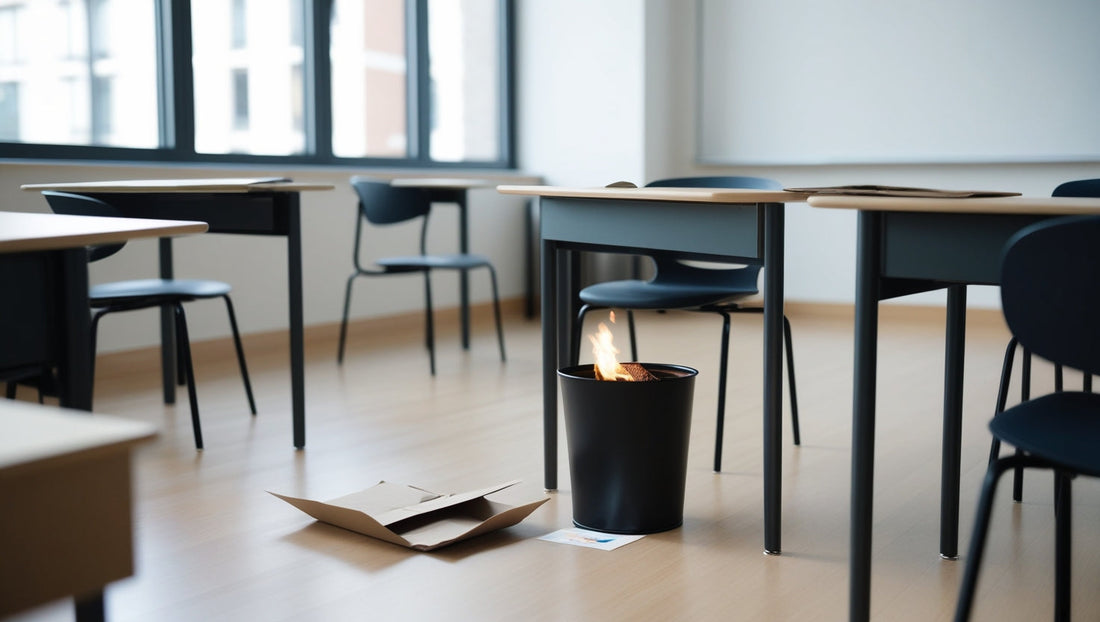Small localized fire starting in a classroom paper waste bin in a modern school or university classroom, illustrating an early-stage fire scenario suitable for fire blanket use.