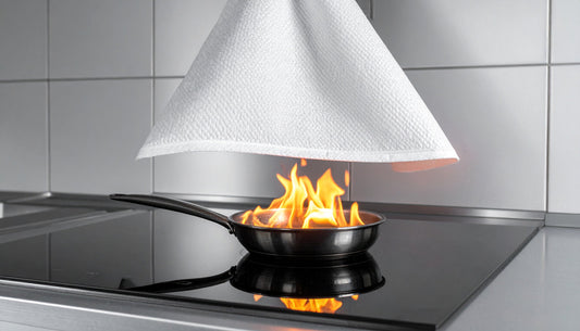 White fiberglass fire blanket about to cover a small pan fire on a kitchen hob