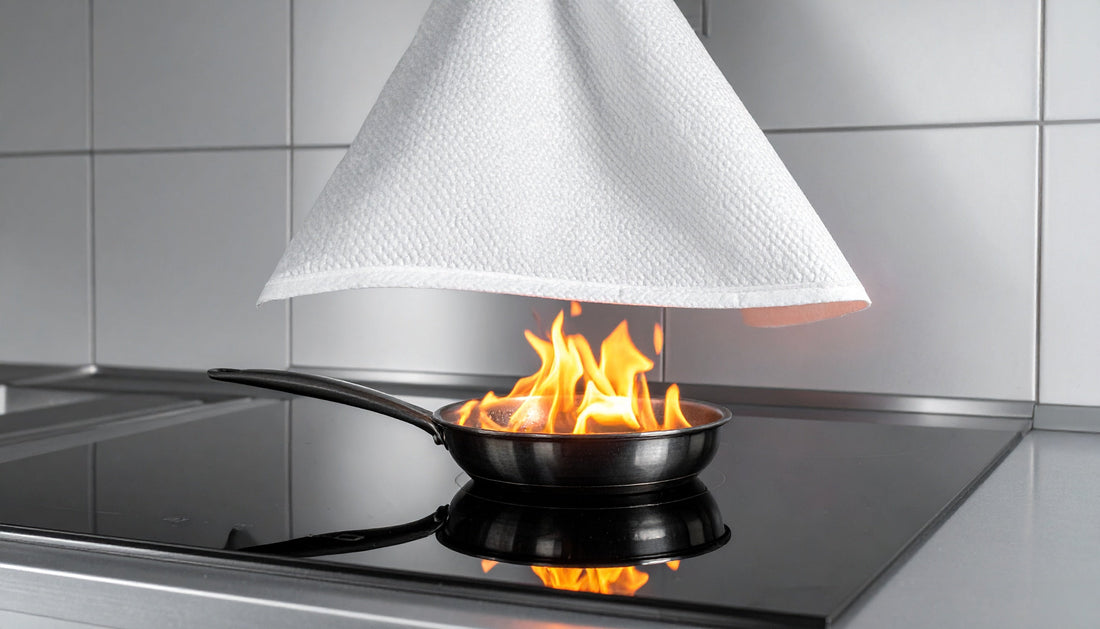 White fiberglass fire blanket about to cover a small pan fire on a kitchen hob