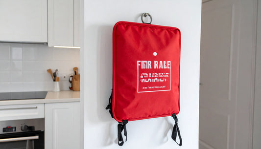 Red wall mounted fire blanket pouch in a modern kitchen for home fire safety