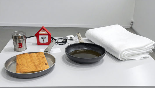 Fire safety training setup showing objects representing fire classes A, B, E and F with a fiberglass fire blanket ready for use