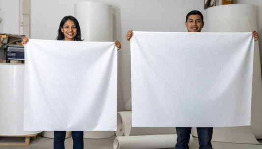 Two people holding fiberglass fire blankets showing the size difference between 1×1 metre and 1.2×1.8 metre fire blankets