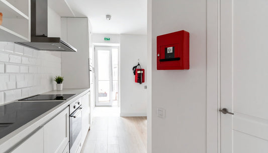 Fire blanket mounted near the kitchen exit for quick access during a kitchen fire