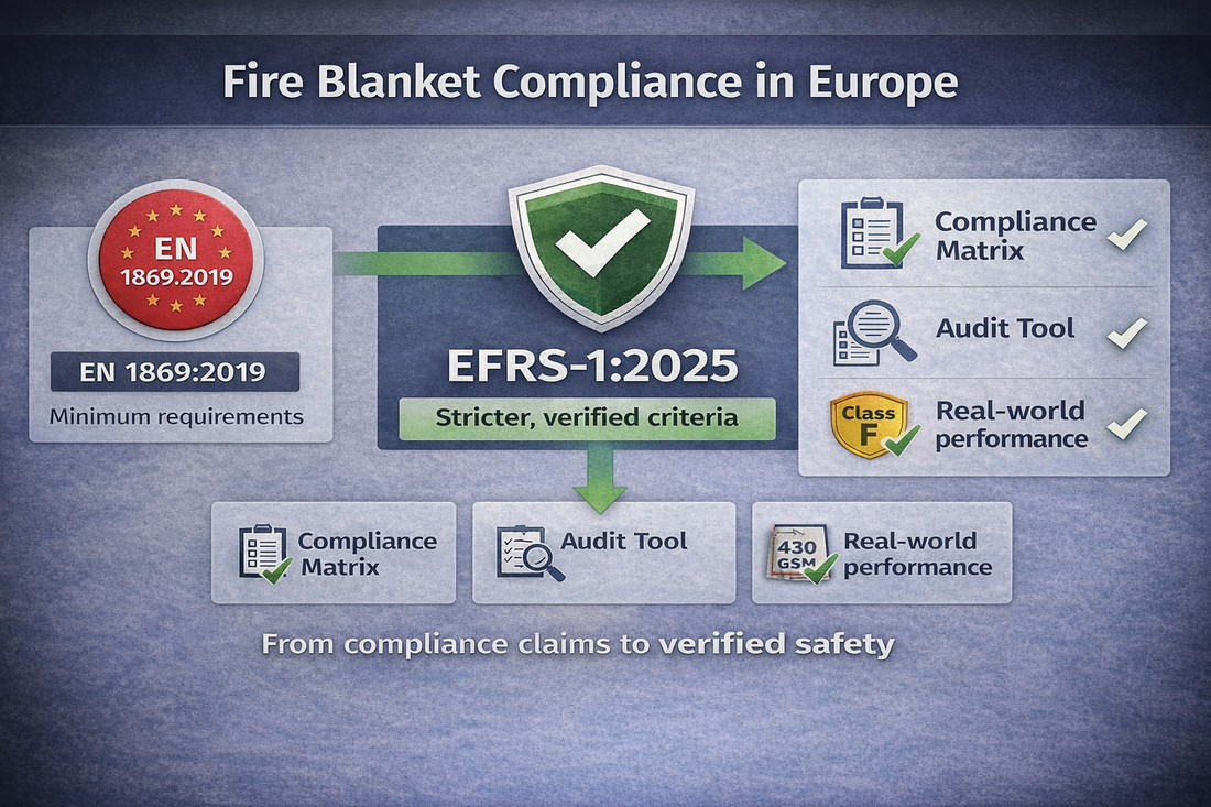 Infographic showing fire blanket compliance framework in Europe from EN 1869:2019 minimum requirements to EFRS-1:2025 verified criteria including audit tools and compliance matrix