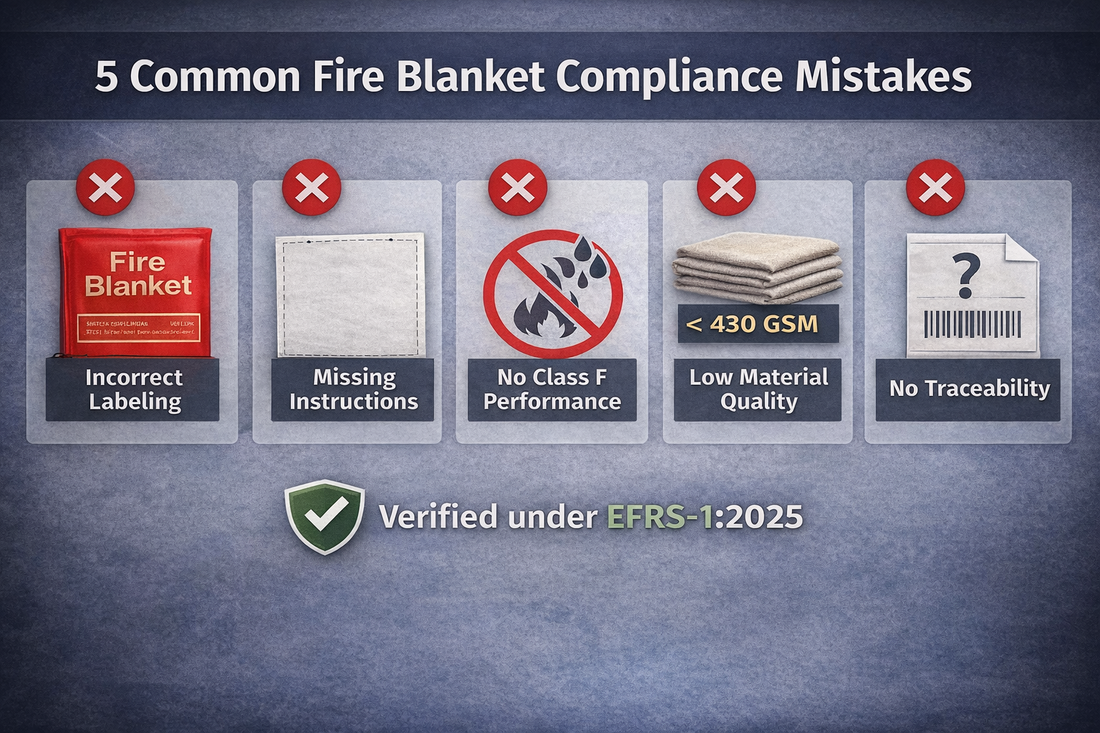 Infographic showing 5 common fire blanket compliance mistakes under EN 1869:2019 including labeling, instructions, Class F performance and material quality